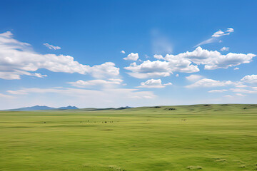 Wall Mural - Grassland and Blue Sky and White Clouds. AI technology generated image