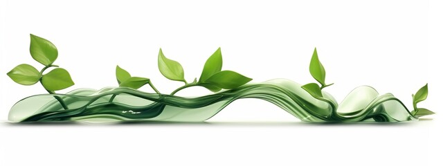 Wall Mural - Green organic floating water waves with fresh plant leaves, isolated on white background banner (Generative Ai)