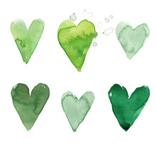 Watercolor Clipart Green Hearts. Cute Heart Print.