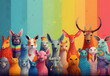 diferent animals as people in row, vibrant color, diversity and inclusion, world animal day concept