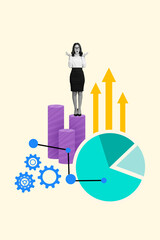 Poster - Picture artwork collage image of surprised girl impressed reaction analysis stats financial growth isolated on painted background