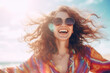 © Lazy_Bear - Portrait of happy woman in sunglasses, smiling and raising her hands. Woman enjoys life. Freedom and carelessness. Created with Generative AI