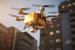 Drohne, die ein Paket durch eine Großstadt trägt, Drone carrying a package through a big city