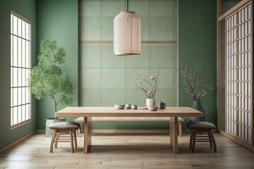 Stylish dining area in Japan with a minimalist wooden table in white and green. Wallpaper wall mockup. interior design that is minimal. Generative AI