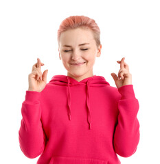 Sticker - Young woman crossing fingers on white background