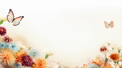  A blank banner surrounded by blooming flowers and butterflies