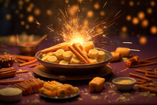 Indian Sweet Food And Fire Crackers Served In Plate Showing Diwali Concept.ai Generative