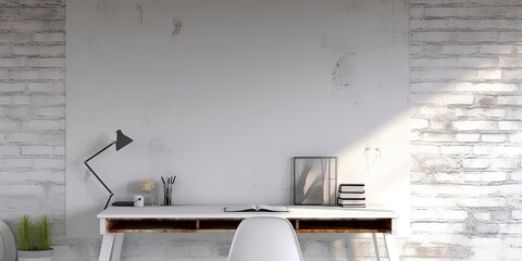 Modern Workspace with White Table, Chairs, and Brick Background in Open Workshop Office. Interior Design