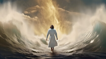 jesus christ walking on water. storm with huge waves. ai generated