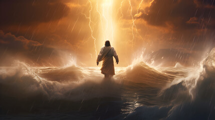 jesus christ walking on water. thunderstorm with huge waves. ai generated