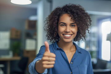 Close up of a woman at work smiling with a thumb up. 