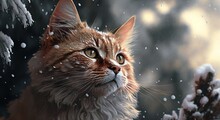 A Close Up Of A Cat Near A Tree With Snow On It's Head And A Blurry Background Of Trees And Bushes In The Foreground. Generative Ai