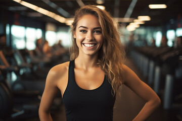 Portrait of a happy fit brunette in the gym. Healthy lifestyle and sports concept. High quality photo