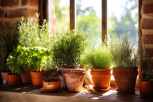 Pot Plants On A Window Sill With The Soft Summer Sun Behind Them