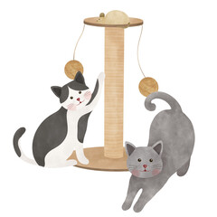 Wall Mural - cute cat play with cats tree cartoon illustration