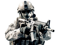 A American Military Army Special Force Soldier With Camouflage Helmet And A Rifle Gun In His Hands Shootoing Shots. Isolated Without Background. Transparent Png. Generative AI