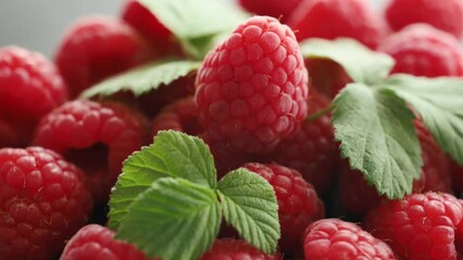 Poster - Fresh red raspberries with leaves, rotating