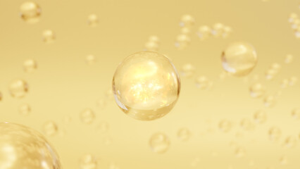 Poster - 3d cosmetic rendering bubbles of golden serum on a blurred background. design of collagen bubbles. t