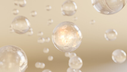 Poster - 3D rendering for cosmetic reasons serum bubbles against a blurred background. Collagen bubble design. Moisturizing Cream and Serum Concept.