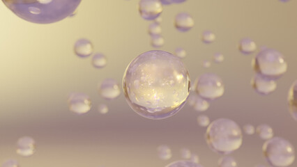 Poster - liquid bubbles with a bright background. Design of collagen bubbles. The concept for Moisturizing Cream and Serum. Concept of vitamins for beauty and personal care. 3D rendering