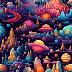 Wall Mural - Fantasy space neon psychedelic galaxy with planets repeat pattern