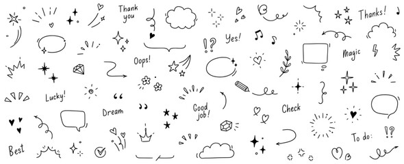 Fototapete - Doodle cute star, sparkle pen line elements. Doodle heart, emphasis, star, sparkle decoration symbol set icon. Simple sketch line style emphasis, glitter, pattern elements. Vector illustration.