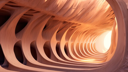 Wall Mural - wavy wood texture vertical lines bending dark beige background. Generative Ai