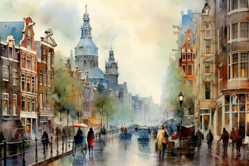 Wall Mural - Amsterdam watercolor. illustration of the Dutch city of Amsterdam (Netherlands) in watercolor style. drawing. paint. illustration. travel, vacation, tourist destination. image created with ai