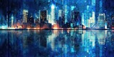 Fototapeta Miasto - The city skyline comes alive with a stunning display of blue lights reflecting on the water.