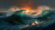 Generative AI illustration digital abstract impressionism painting of Atlantis people riding massive waves during sunset storm