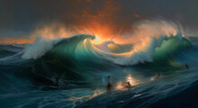Generative AI Illustration Digital Abstract Impressionism Painting Of Atlantis People Riding Massive Waves During Sunset Storm