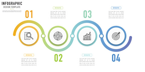 Circular curve infographic template or element with 4 step, process, option, colorful circle, button, icons, number, paper origami, minimal style for sale slide, flowchart, workflow, agenda, schedule