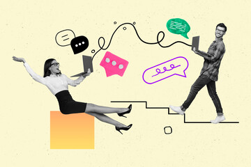 Poster - Composite photo collage of two business colleagues remote connection chatting about daily tasks use laptops isolated on beige background