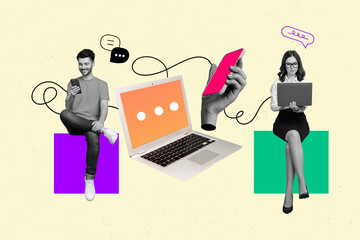 Poster - Discussion of two colleagues businesswoman partner chatting connection phone display screen laptop messenger isolated on beige background