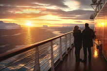 A Couple On The Deck Of A Cruise To Antarctica Watching The Sunset. Composite With Different Elements Made With Generative AI