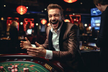 A Man Celebrating His Good Luck In The Casino. Composite With Different Elements Made With Generative AI