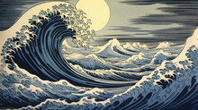 Great Japanese Wave Peacefully Crashing On Grey Background. Illustration Of Nature's Beauty