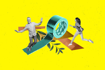 Sticker - Creative template graphics collage image of funny couple using sticky carbon tape isolated colorful background