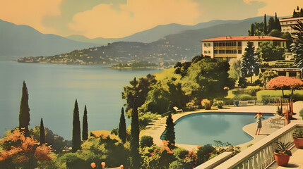 retro italian landscape vintage postcard from sunny italy 1970 vibe