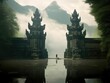 Bali, Indonesia, Traveler at the Ancient Gates of Pura Temple, generative ai