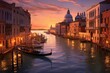 Sunset view of Grand Canal, Venice. Vaporetto or waterbus station, boats, gondolas