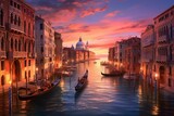 Fototapeta Big Ben - Sunset view of Grand Canal, Venice. Vaporetto or waterbus station, boats, gondolas