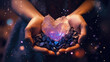 Pink crystal heart with deep purple rock shards being held in a person's hands. Generative ai.
