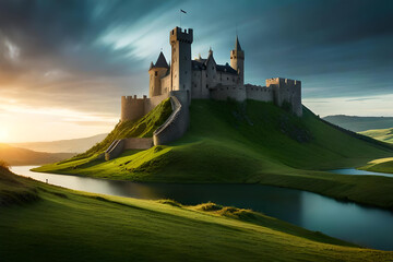 Wall Mural - Beautiful Castle on hilltop covered with green grass and flowers, Created with AI