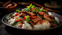 Stir Fried Thai Basil With Crispy Pork And Chilli On Topped Rice - Thai Local Food Style