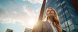 © Nokhoog - Low-angle  shots of businesswoman front of modern building  Soft light on cloudy days background.