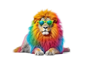 Wall Mural - Abstract animal king of Lion portrait with colorful Afro hairs wearing sunglasses in Hawaii dress theme isolated on clear png background, Vibrant bright, with Generative AI.