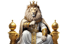 The Royal White Lion With Luxury Dress Costume. Close Up Portrait King Lion With Throne And Crown Isolated On Clear Png Background. Generative AI.
