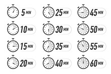 Timer Icons Vector Set Black Color Isolated On White Background. Stopwatch. Time From 5 To 60 Minutes. Illustration 10 Eps