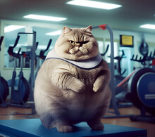 Fat Angry Hungry Cat In Fast Food Restaurant With Burger And Fried Potatoes In Front.kitty Kitten Big Size Overweight In Gym Fitness Center,running Pet Generative Ai